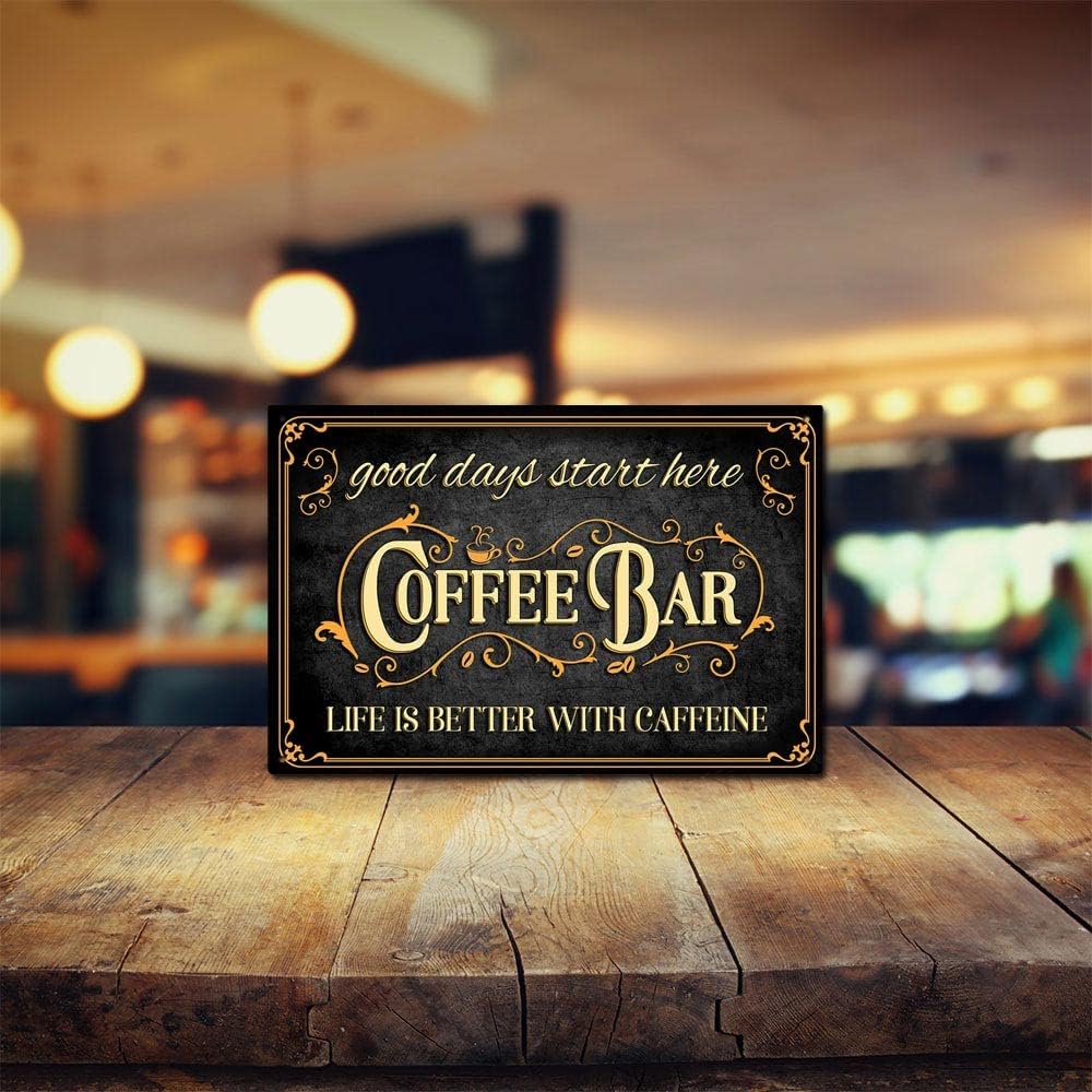 AUCIO Coffee Bar Sign Life is Better with Caffeine Vintage Metal Decor 8 x 12 Inch