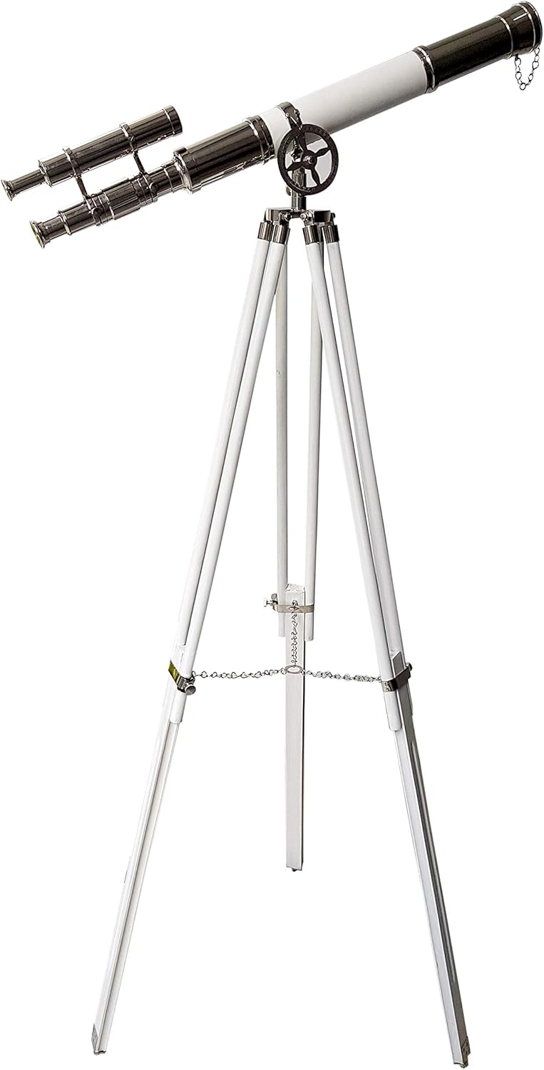 Vintage Double Barrel White Leather Telescope with Tripod