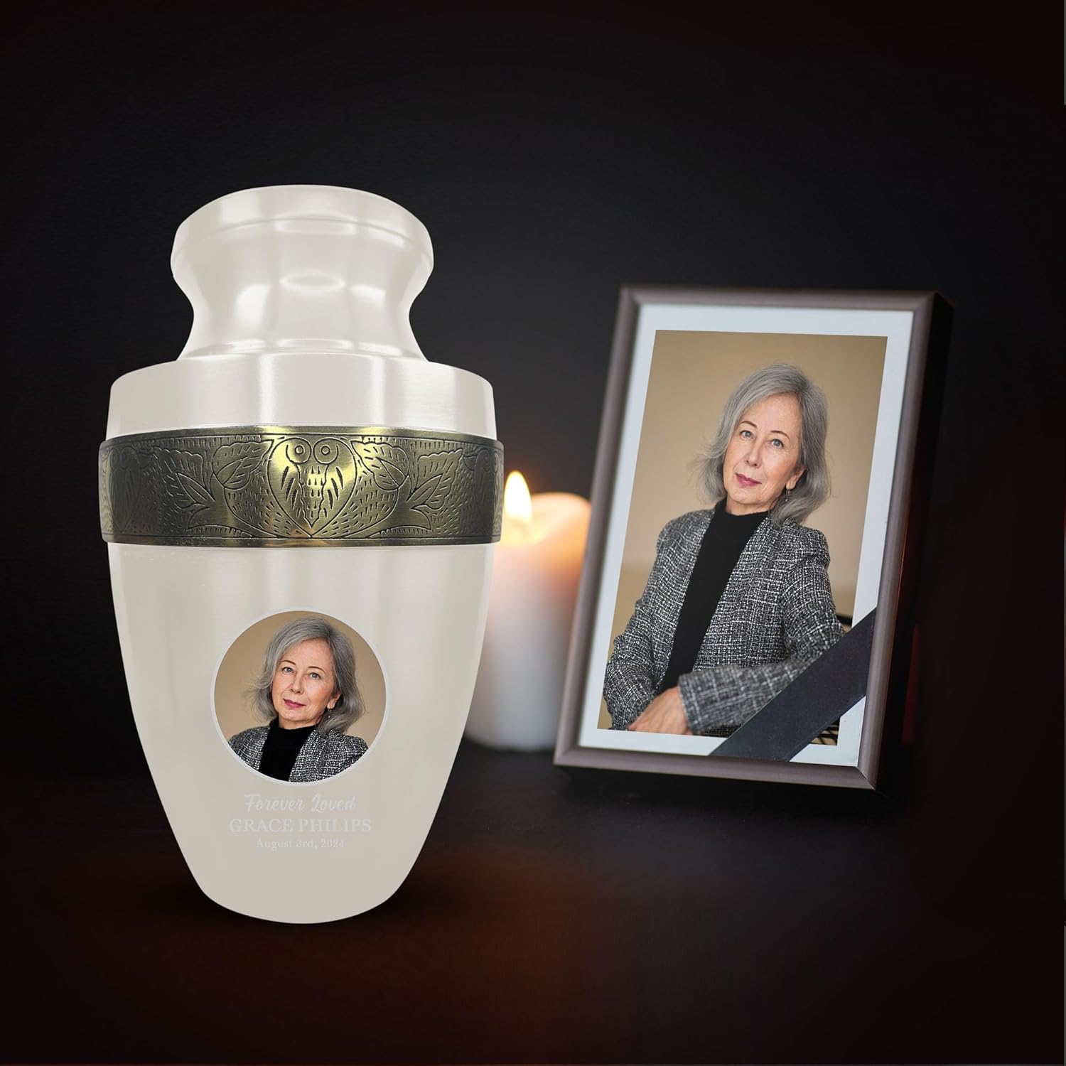 Personalized Adult Cremation Urn with Photo and Engraved Name Date Elite Series Gold Rim 200 Lbs Capacity White