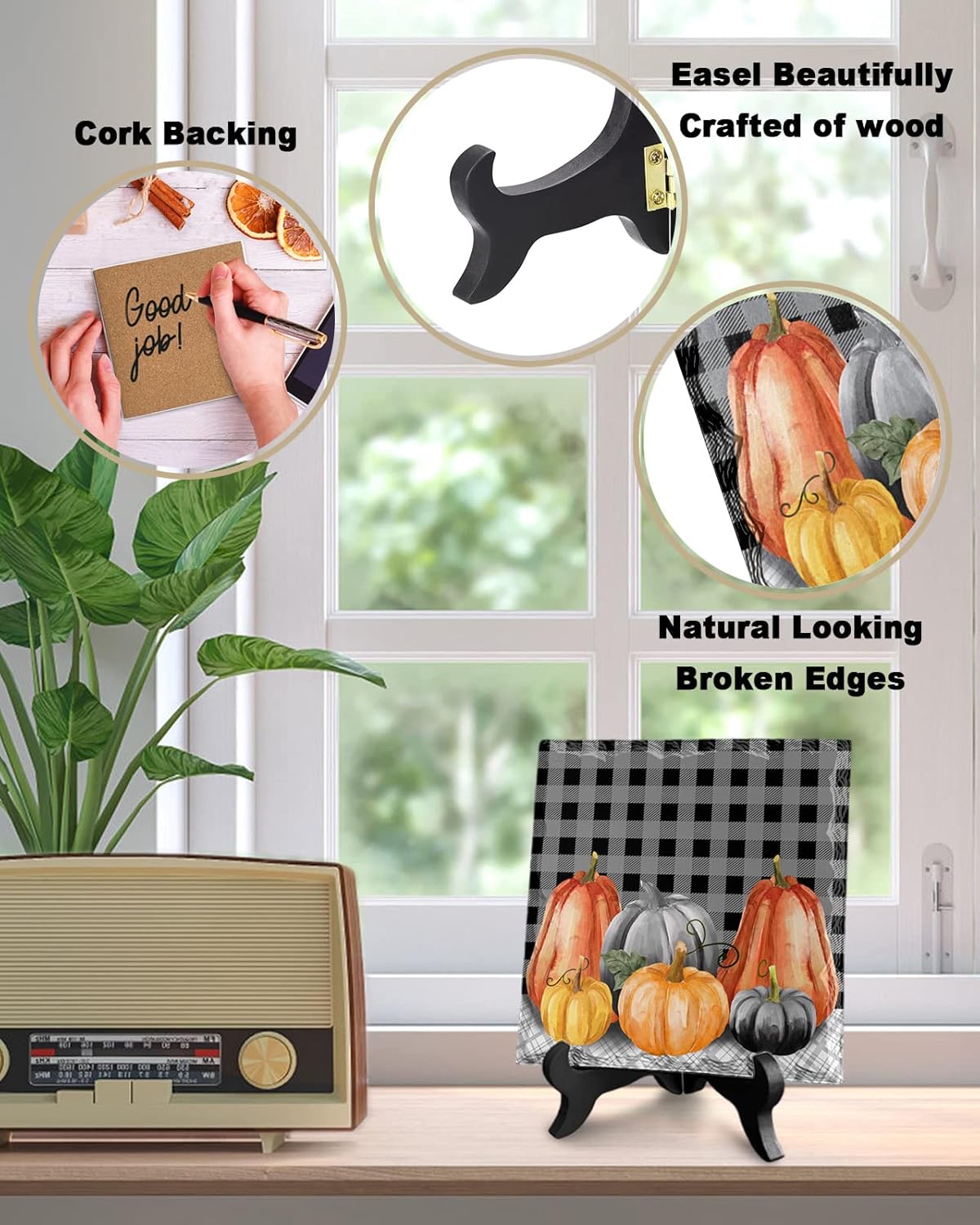 Wooden Stand Desk Decor with Ceramic Plaque Farmhouse Style Autumn Pumpkin Sign