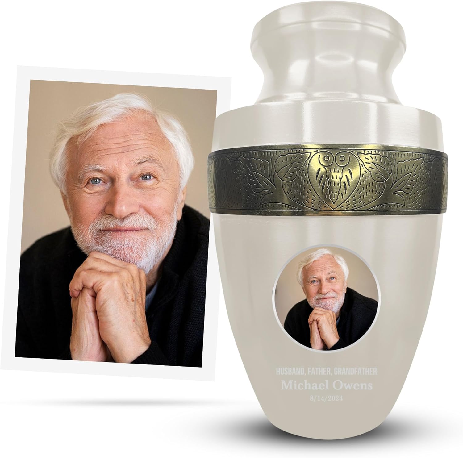 Personalized Adult Cremation Urn with Photo and Engraved Name Date Elite Series Gold Rim 200 Lbs Capacity White