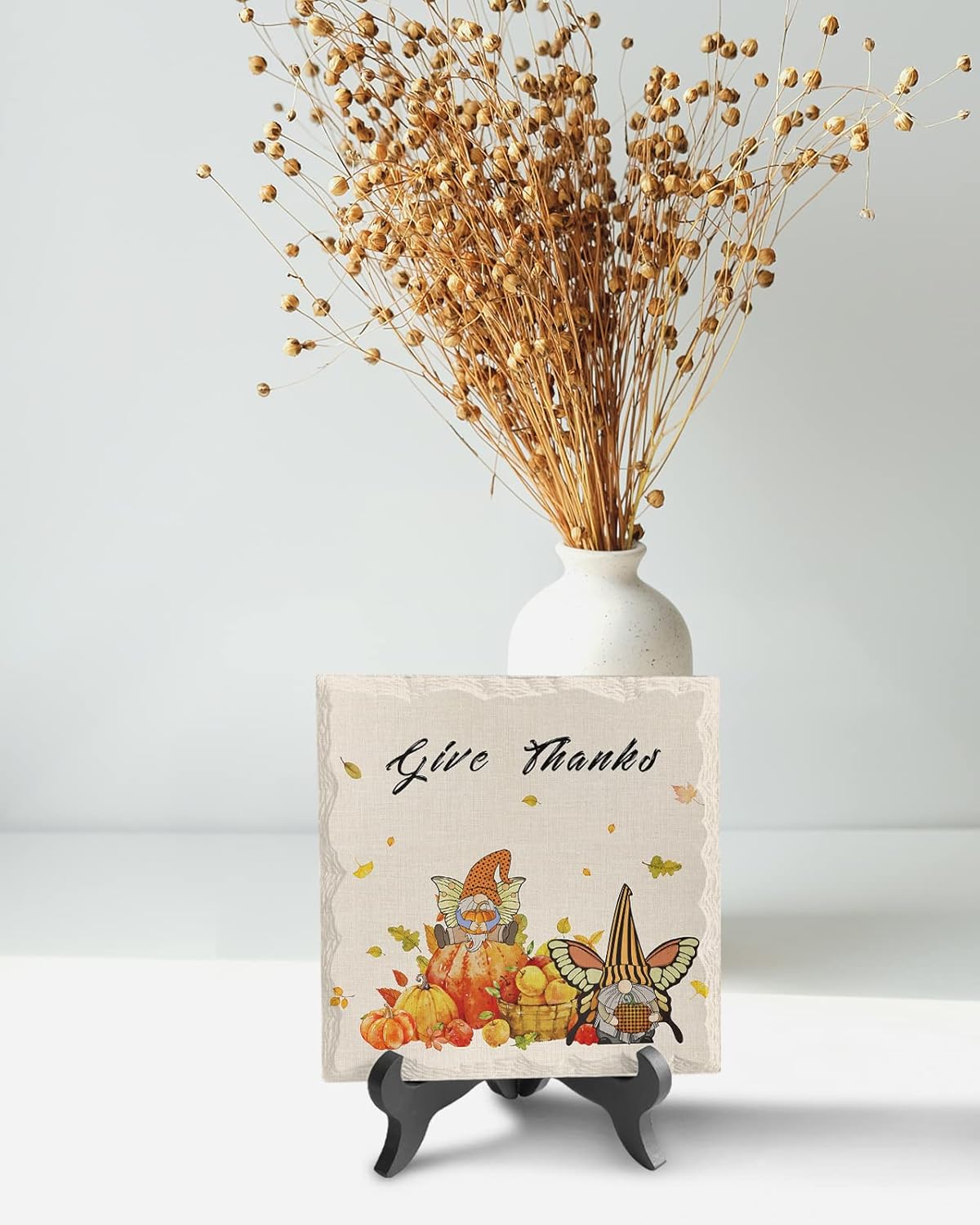 Wooden Stand Desk Decor Ceramic Plaque for Thanksgiving and Fall