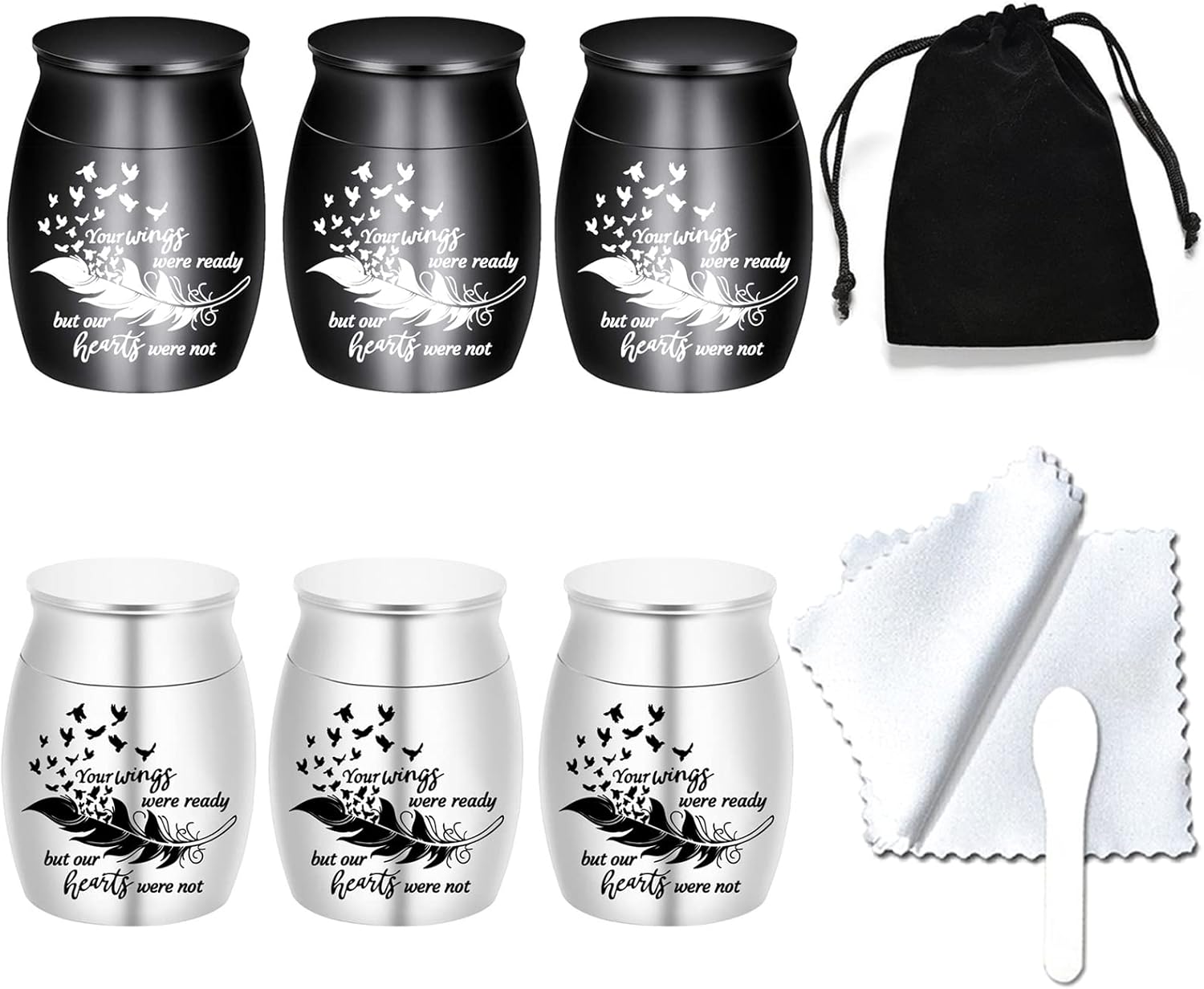 Mini Cremation Urns Set of 6 - Feather Seagull Pattern Stainless Steel Keepsake Ashes Holders