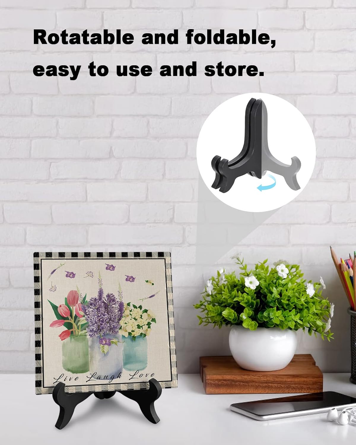 Decorative Table Plaque with Wooden Stand Floral Design Ceramics Desk Sign for Home Office