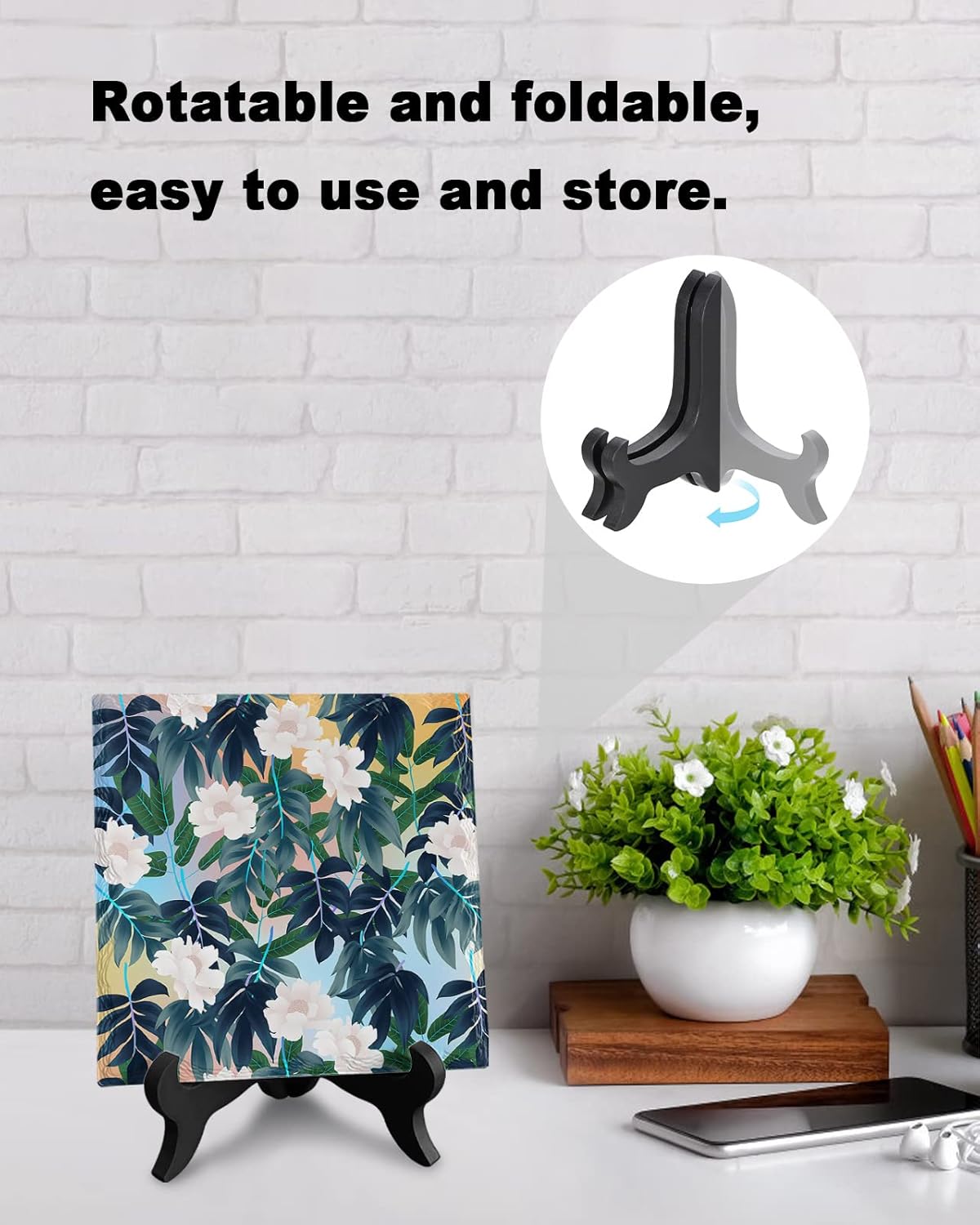 Colorful Leaf Design Desk Decor Ceramics Plaque with Wooden Stand