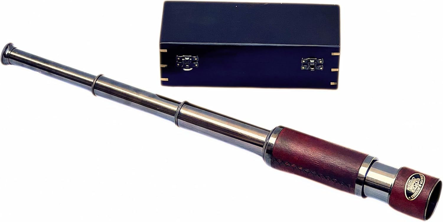 Vintage Brass Spyglass Telescope with Handheld Design and Wooden Box 15x Magnification