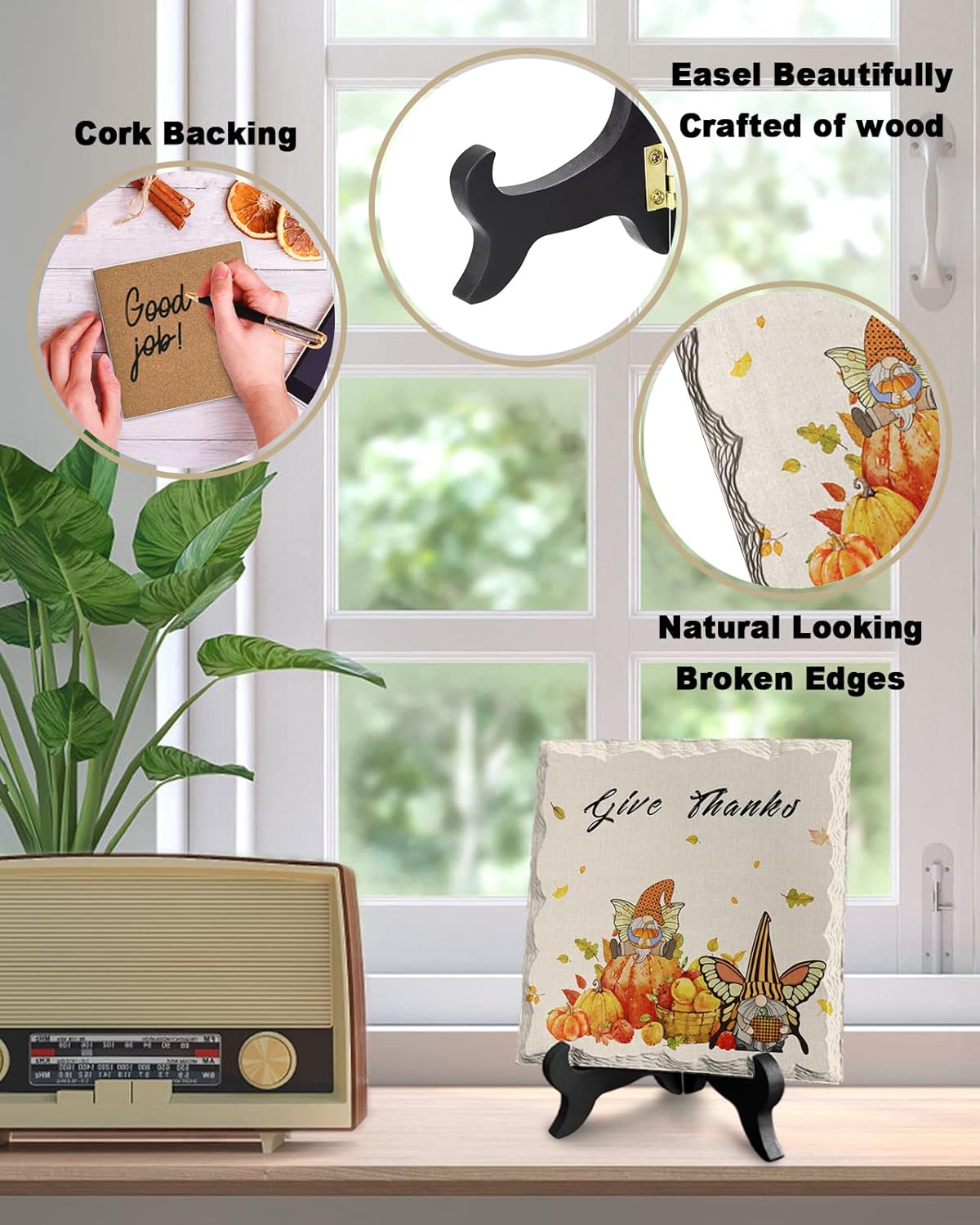 Wooden Stand Desk Decor Ceramic Plaque for Thanksgiving and Fall