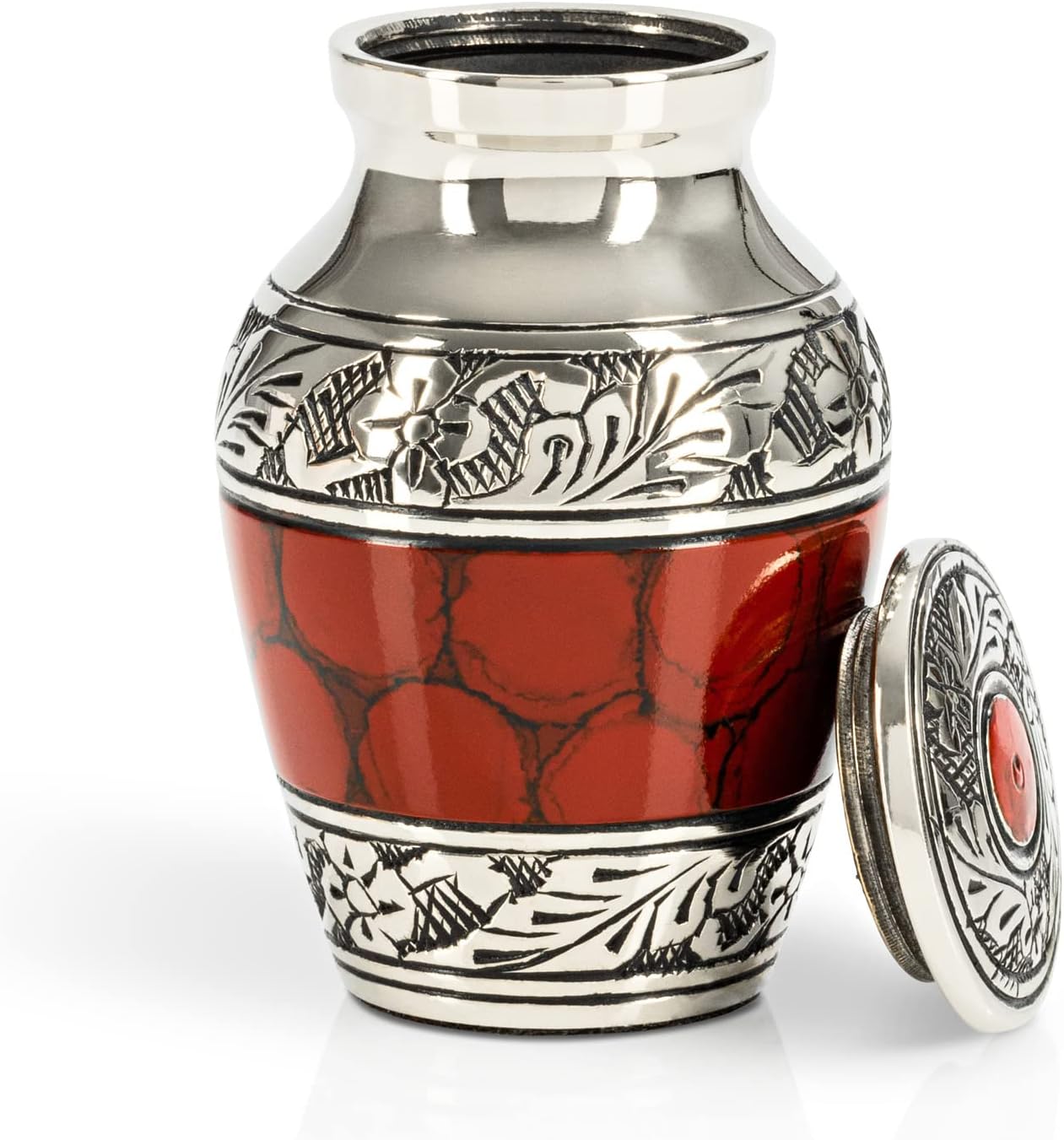 Small Keepsake Cremation Urn with Velvet Heart Case and Funnel - Deep Red Brass Hand Engraved Mini Memorial Urn