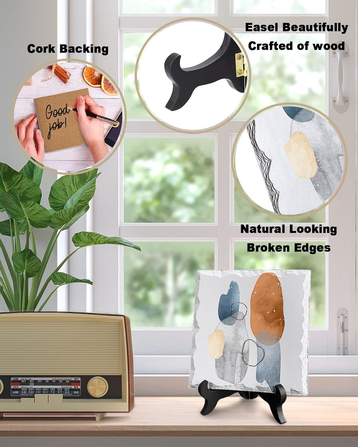 Modern Watercolor Desk Decor with Ceramic Plaque and Wooden Stand