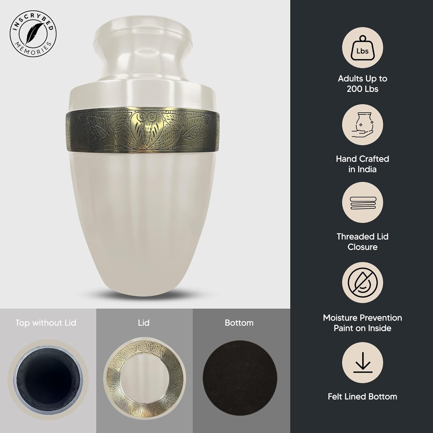 Personalized Adult Cremation Urn with Photo and Engraved Name Date Elite Series Gold Rim 200 Lbs Capacity White