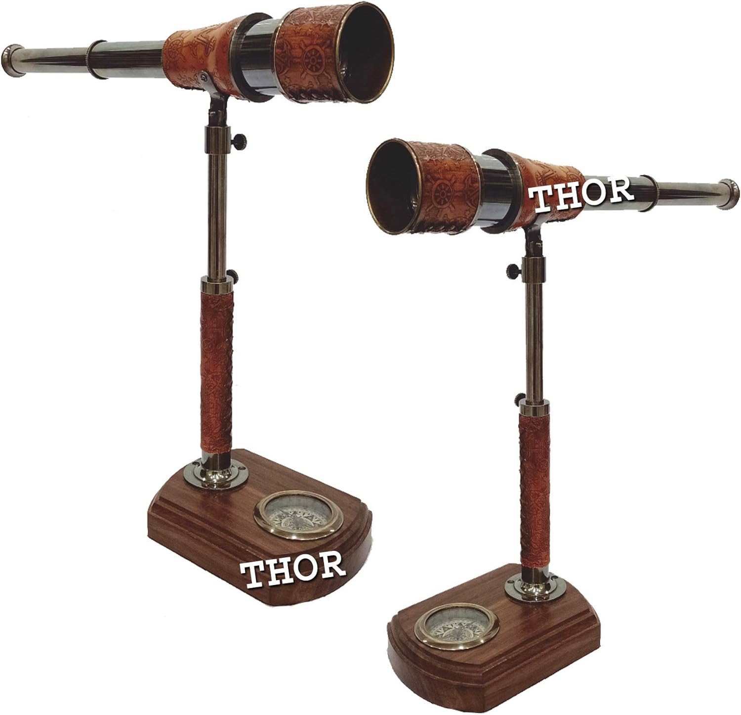 Antique Handmade Telescope with Compass Wooden Base Decorative Home Decor Gift