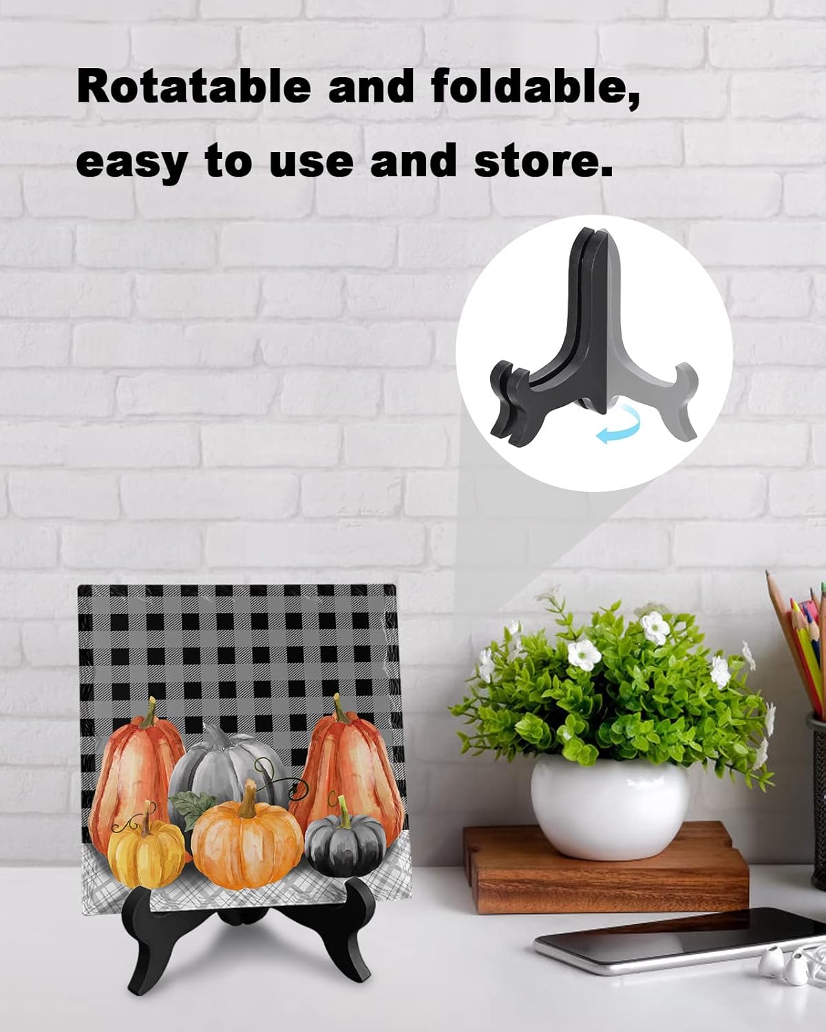 Wooden Stand Desk Decor with Ceramic Plaque Farmhouse Style Autumn Pumpkin Sign