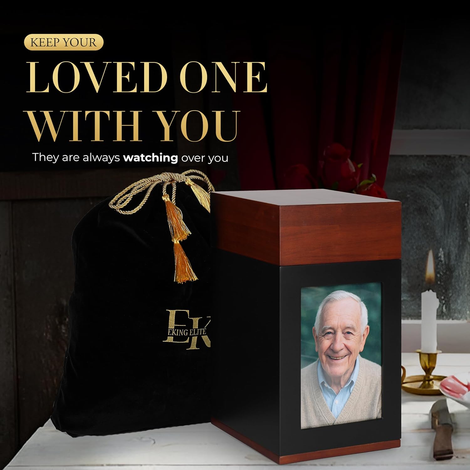 EKING ELITE Wooden Urn for Human Ashes - Handcrafted Memorial Box with Photo Frame - Large Capacity 270 lbs Urn
