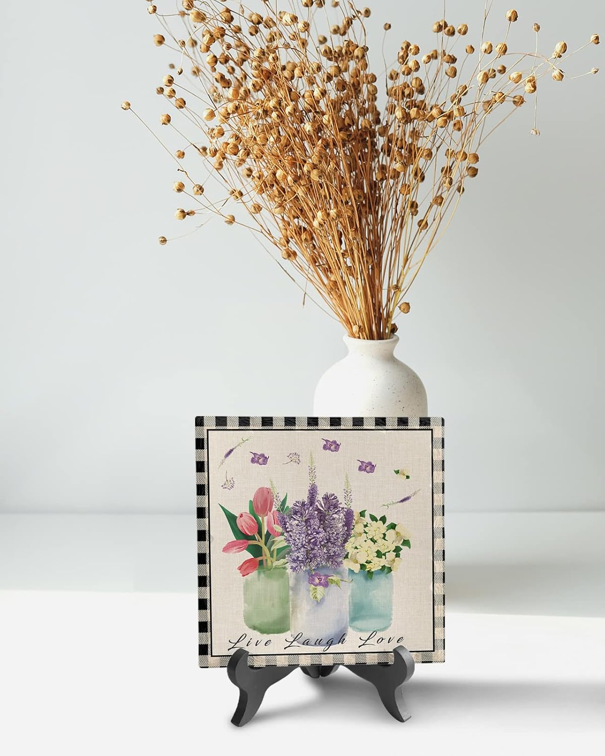 Decorative Table Plaque with Wooden Stand Floral Design Ceramics Desk Sign for Home Office