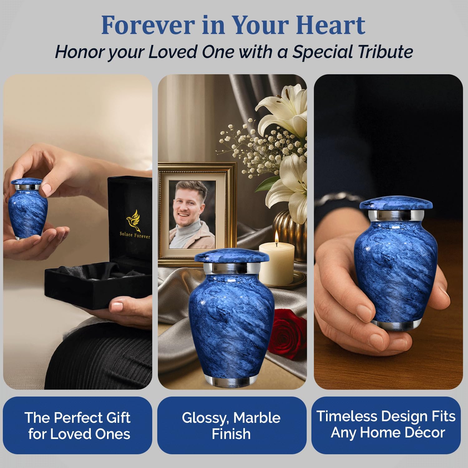 Small Urn for Ashes - Mini Cremation Urn for Human Remains Decorative Keepsake for Mom Dad Blue