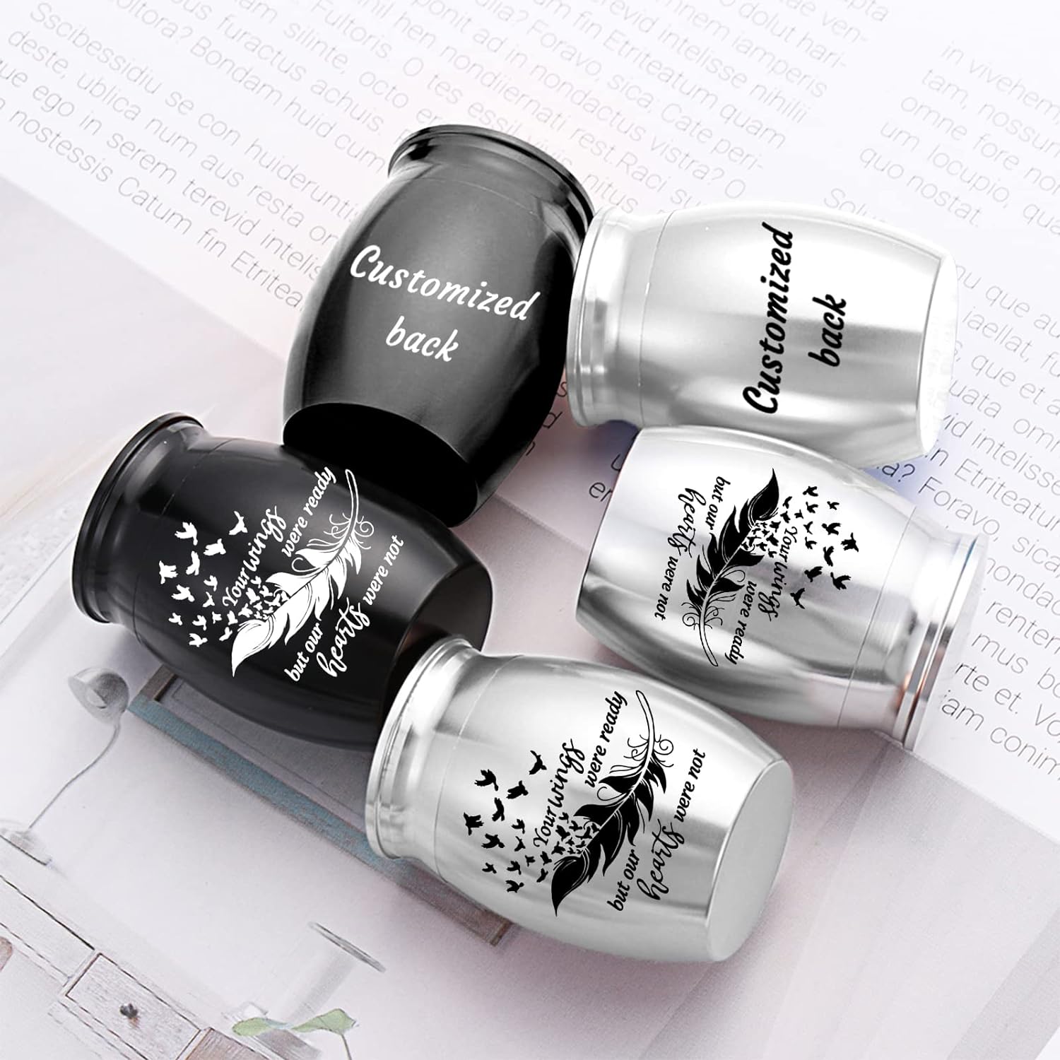 Mini Cremation Urns Set of 6 - Feather Seagull Pattern Stainless Steel Keepsake Ashes Holders