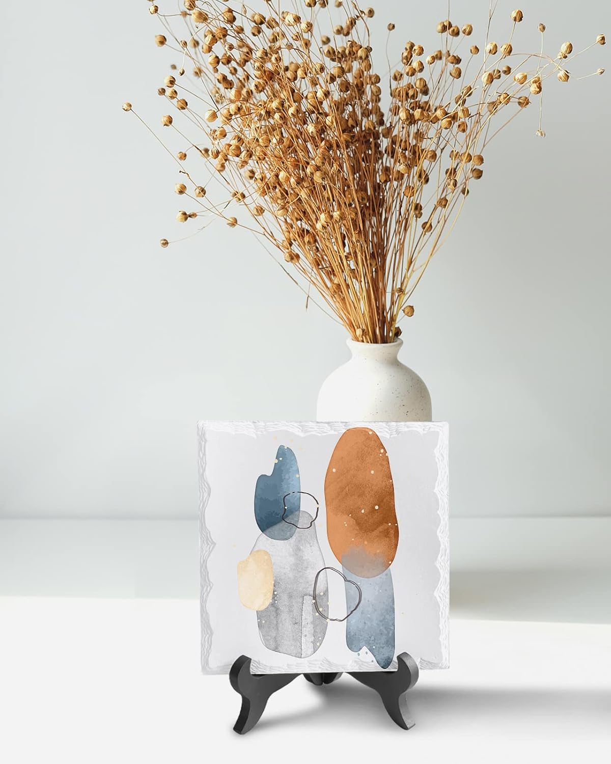 Modern Watercolor Desk Decor with Ceramic Plaque and Wooden Stand