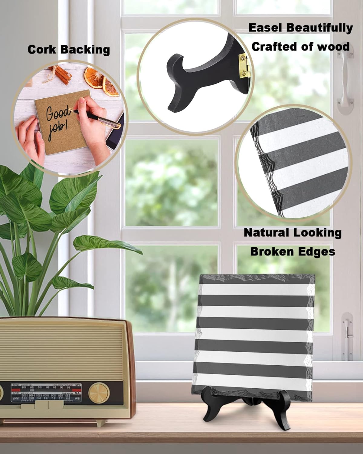 Wooden Stand Desk Decor Plaque with Stripes Minimalist Style