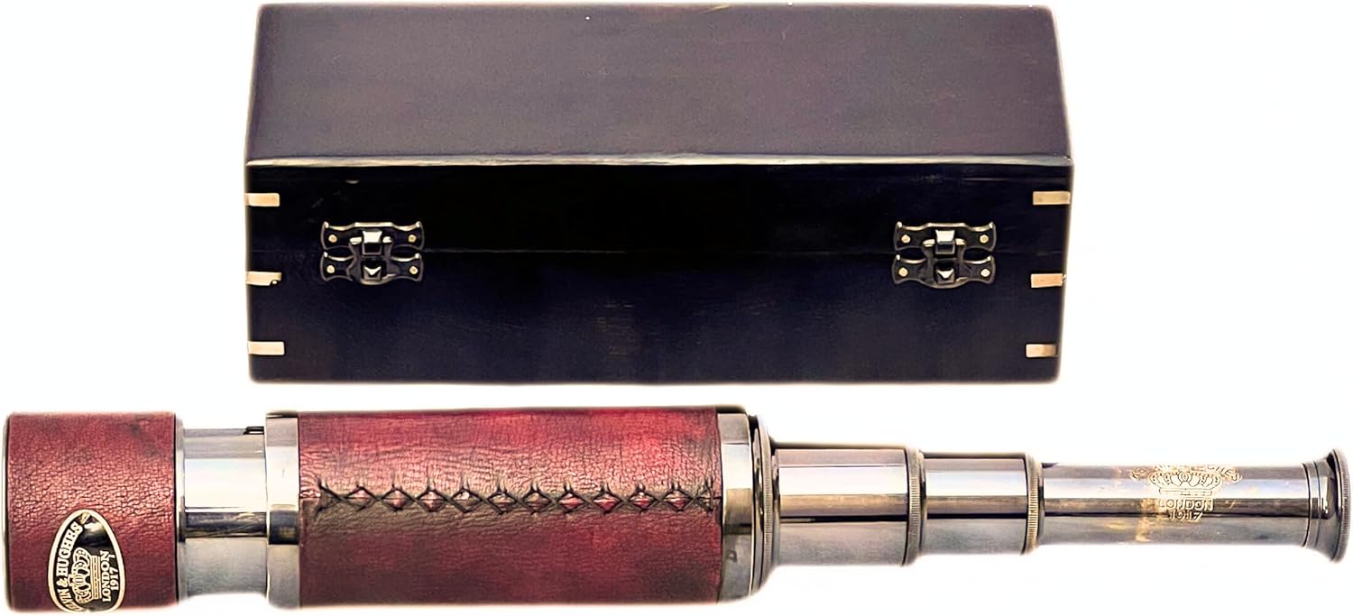 Vintage Brass Spyglass Telescope with Handheld Design and Wooden Box 15x Magnification