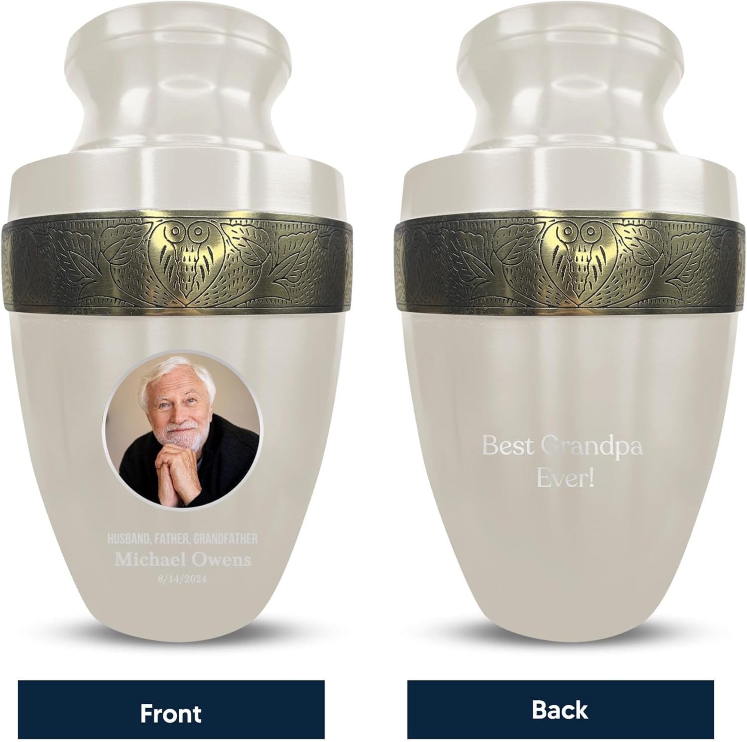 Personalized Adult Cremation Urn with Photo and Engraved Name Date Elite Series Gold Rim 200 Lbs Capacity White