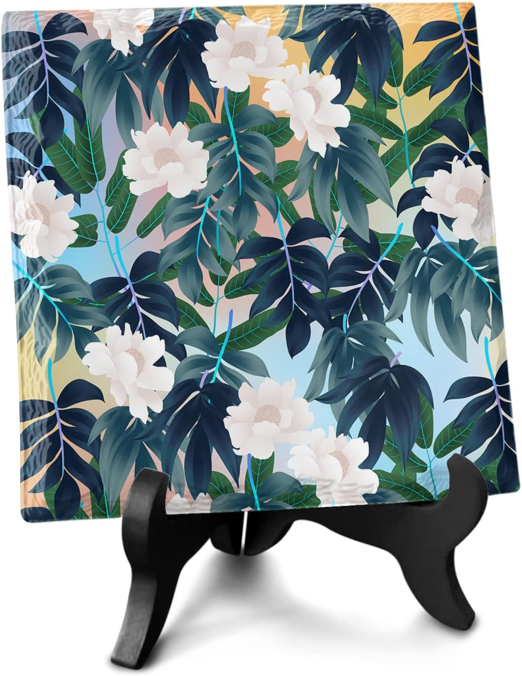 Colorful Leaf Design Desk Decor Ceramics Plaque with Wooden Stand