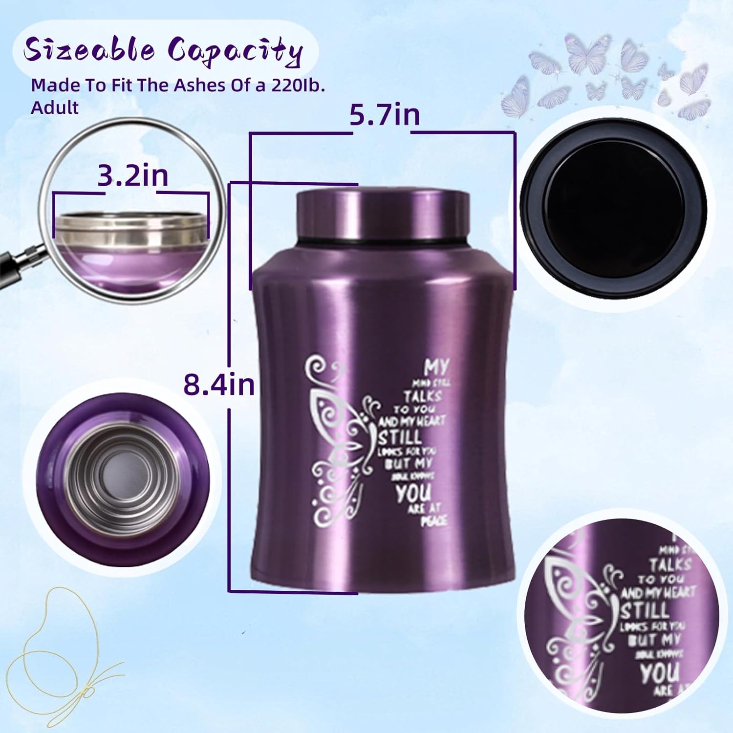 ANTESCORT Decorative Urn for Human Ashes Stainless Steel Large Butterfly Design