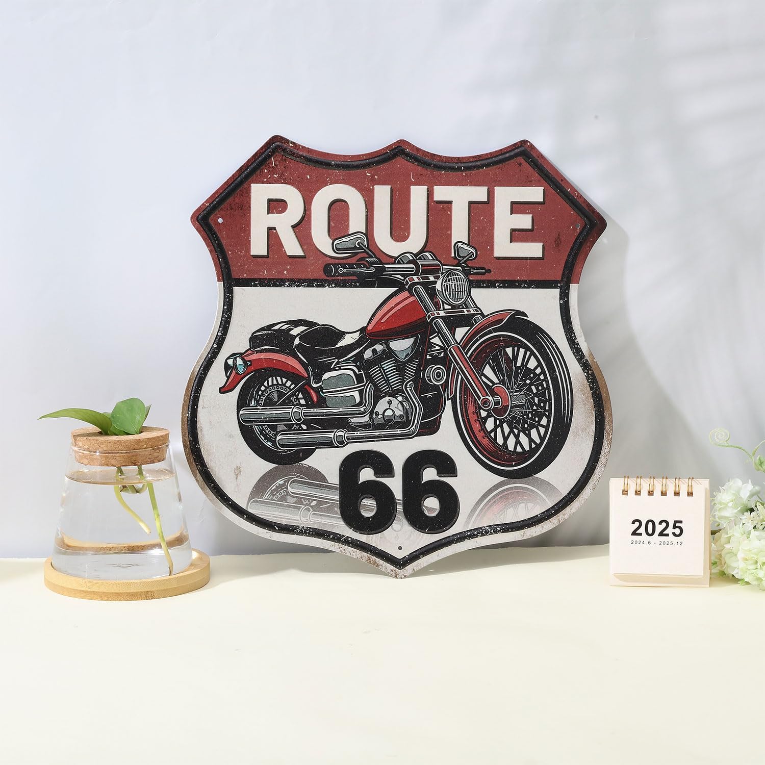 GLOBLELAND Vintage Motorcycle Tin Sign Route 66 Shield Wall Decor