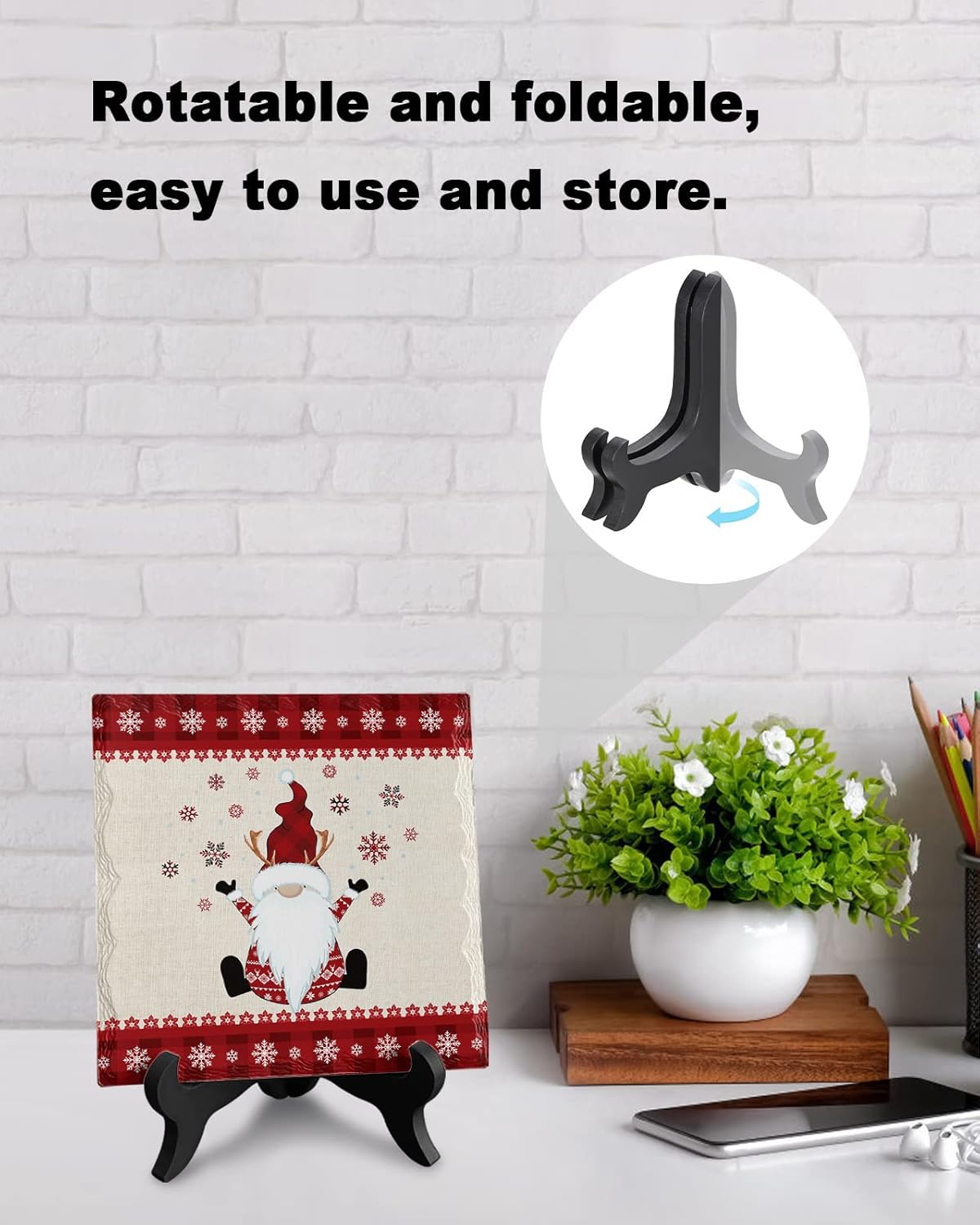 Wooden Stand Desk Plaque with Ceramic Design Christmas Decor for Office and Home