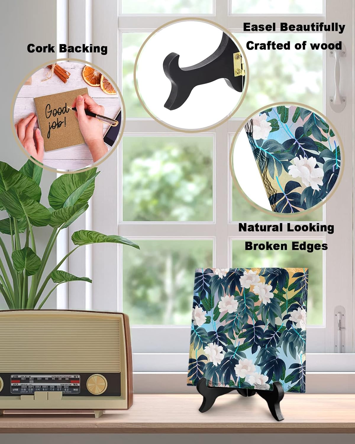 Colorful Leaf Design Desk Decor Ceramics Plaque with Wooden Stand