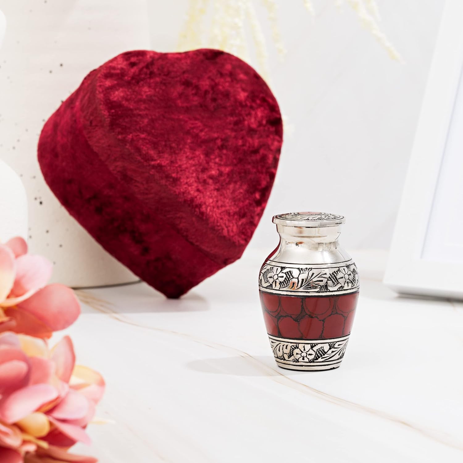 Small Keepsake Cremation Urn with Velvet Heart Case and Funnel - Deep Red Brass Hand Engraved Mini Memorial Urn