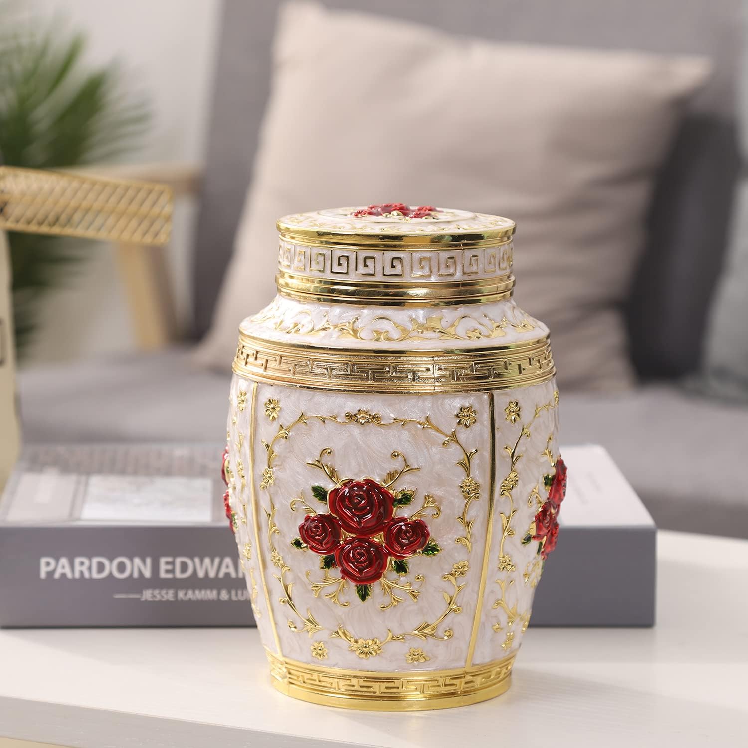 Medium Urn for Human Ashes - Rose Design Cremation Urn for Women Mom - Holds 70 Cubic Inches of Ashes - Gold-Red Color