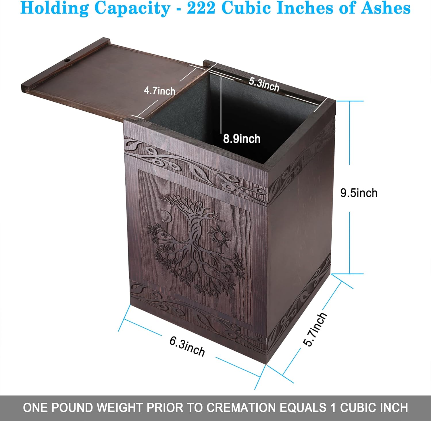 Tree of Life Wooden Cremation Urn for Human Ashes 222 Cubic Inch Capacity