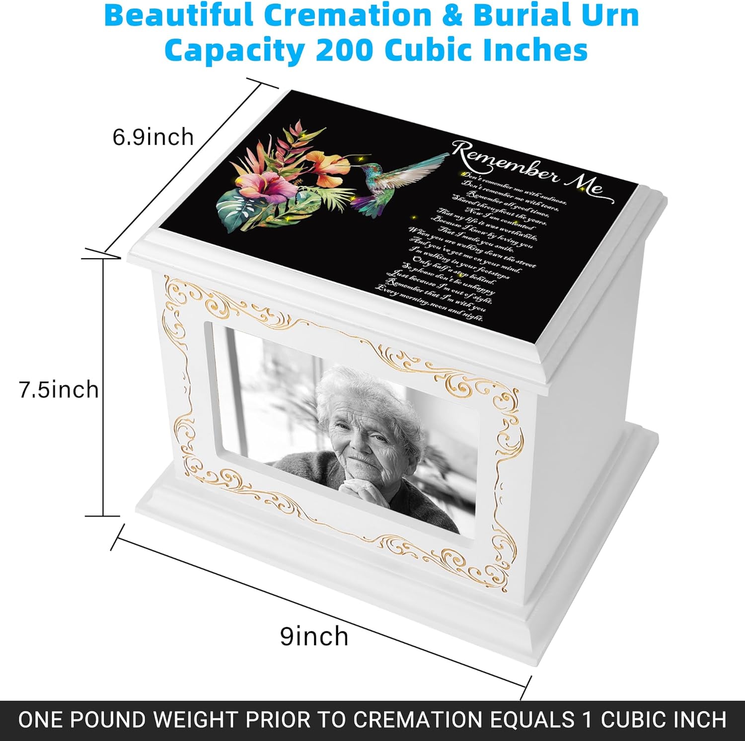 Wooden Cremation Urn for Human Ashes with Photo Frame 200 Cubic Inches Capacity