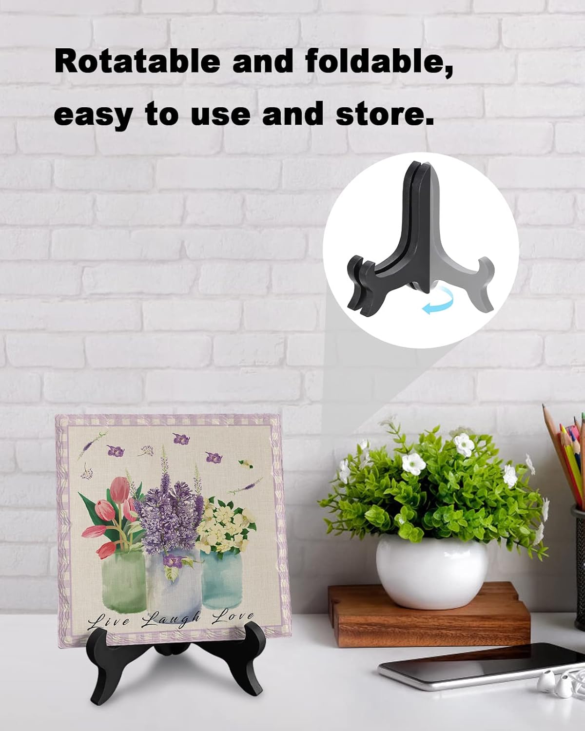 Vintage Plaid Desk Decor with Ceramic Plaque and Wooden Stand