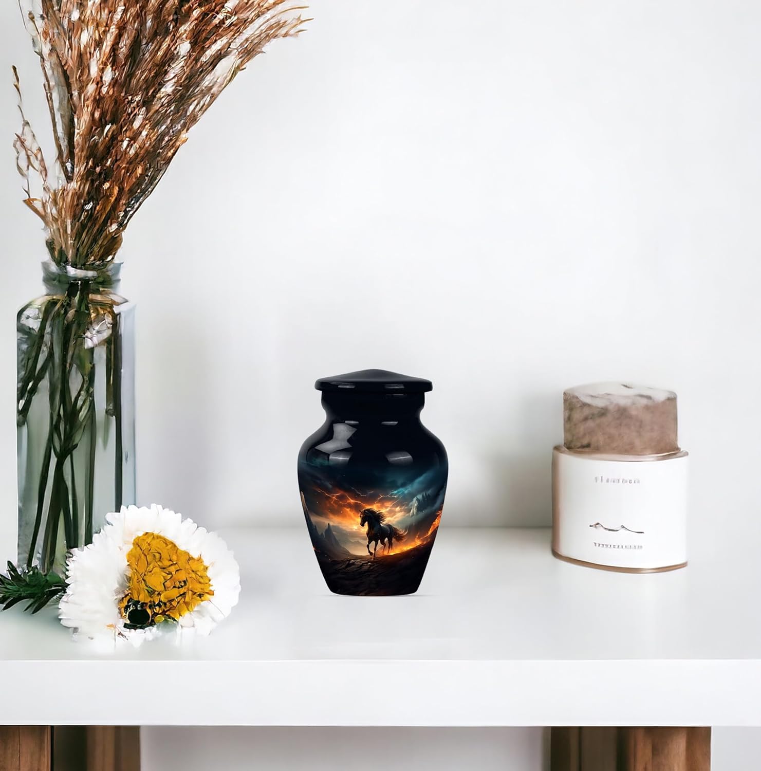 Set of 2 Black Horse and Stormy Sky Urns for Ashes