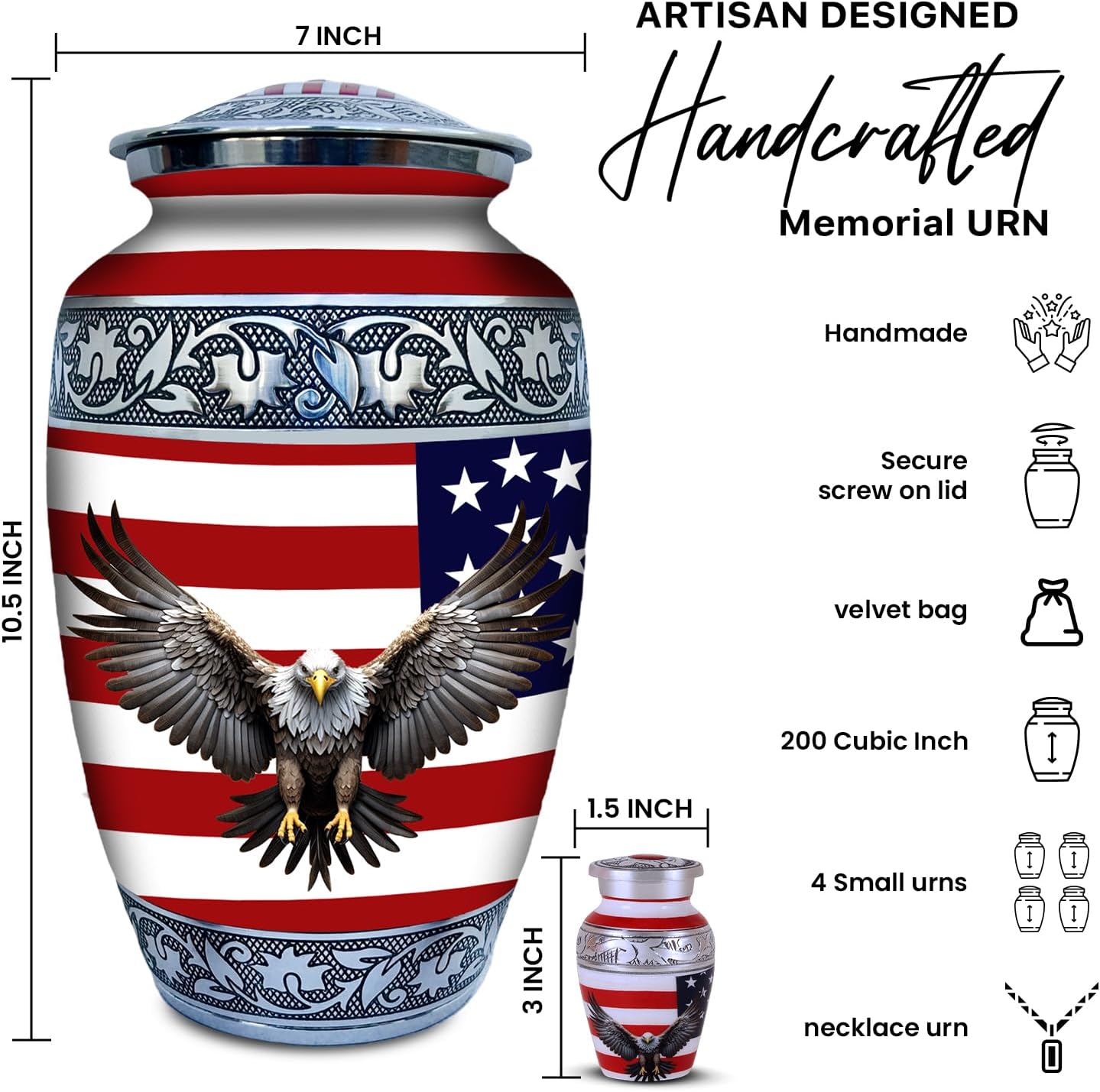 Set of 6 Decorative Urns for Ashes with American Flag and Eagle Decor