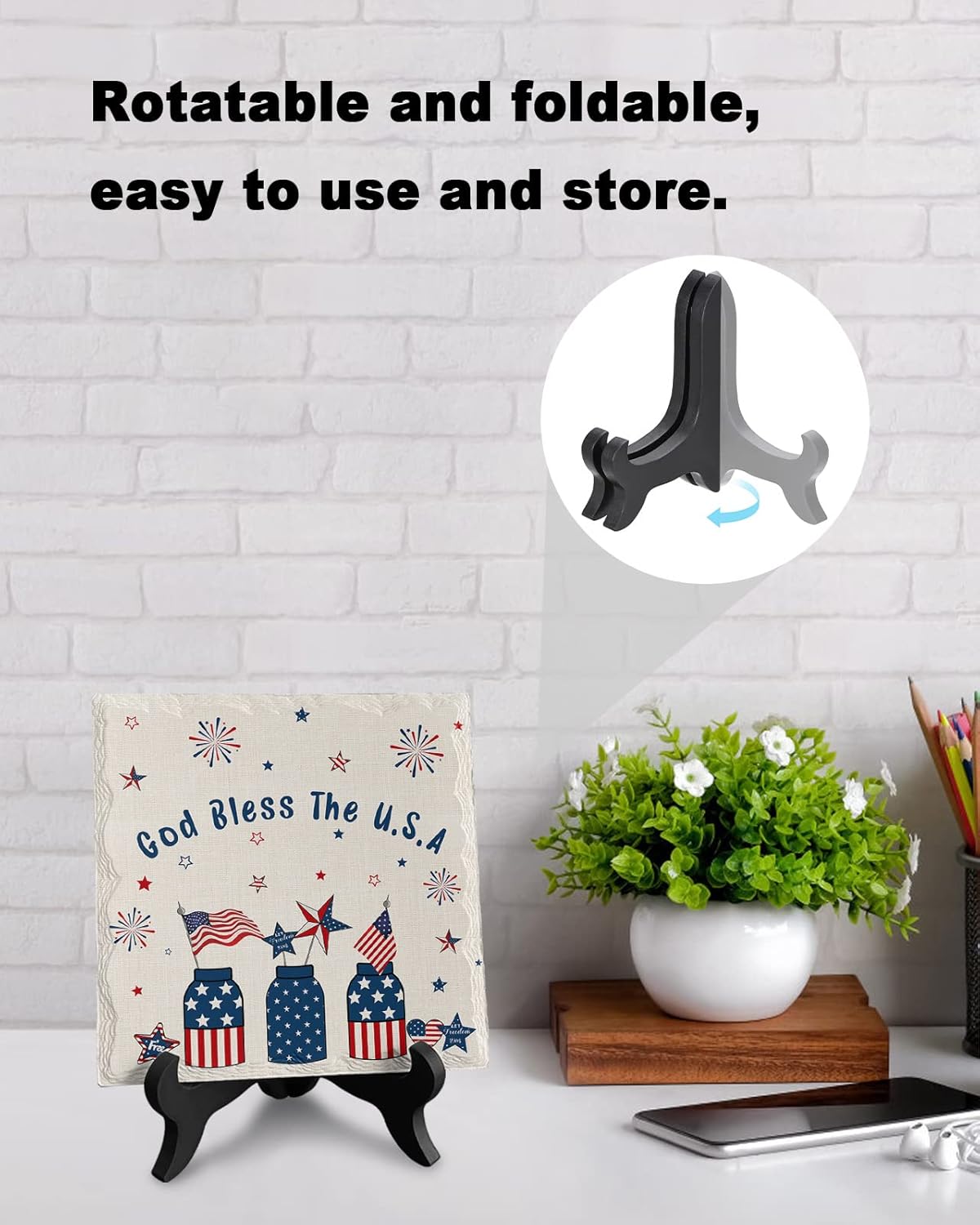 4th of July USA Flag Decorative Desk Plaque with Wooden Stand