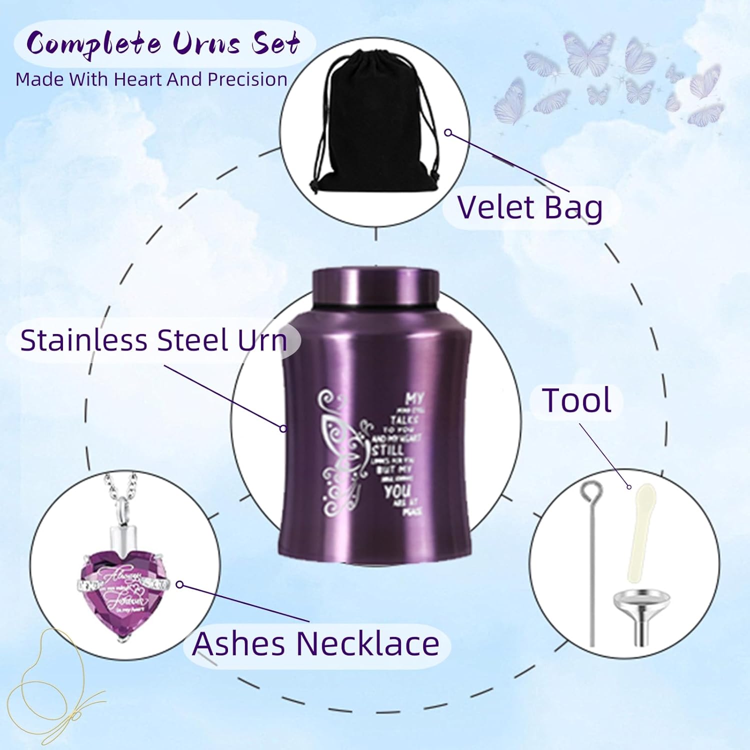 ANTESCORT Decorative Urn for Human Ashes Stainless Steel Large Butterfly Design