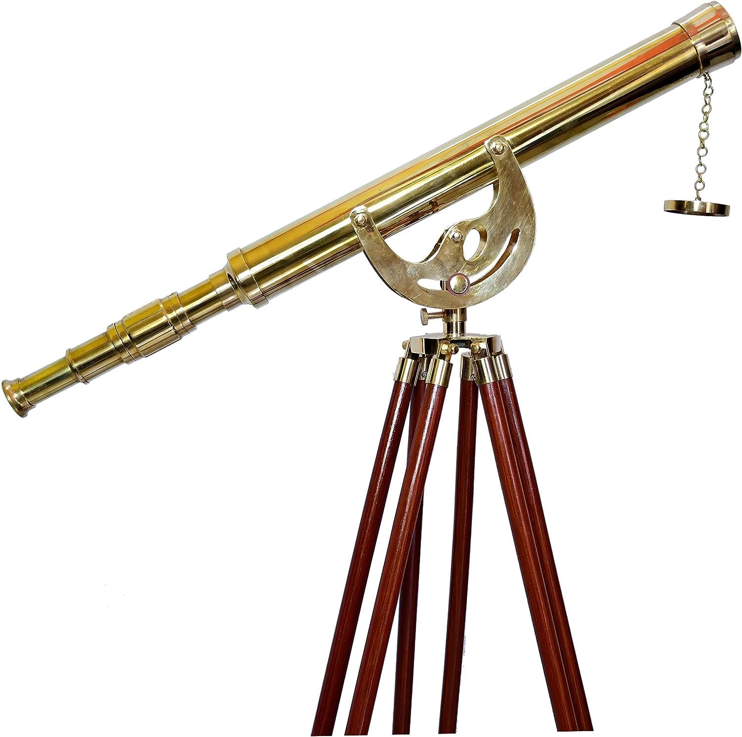 Vintage Handmade Brass Telescope with Wooden Tripod Stand