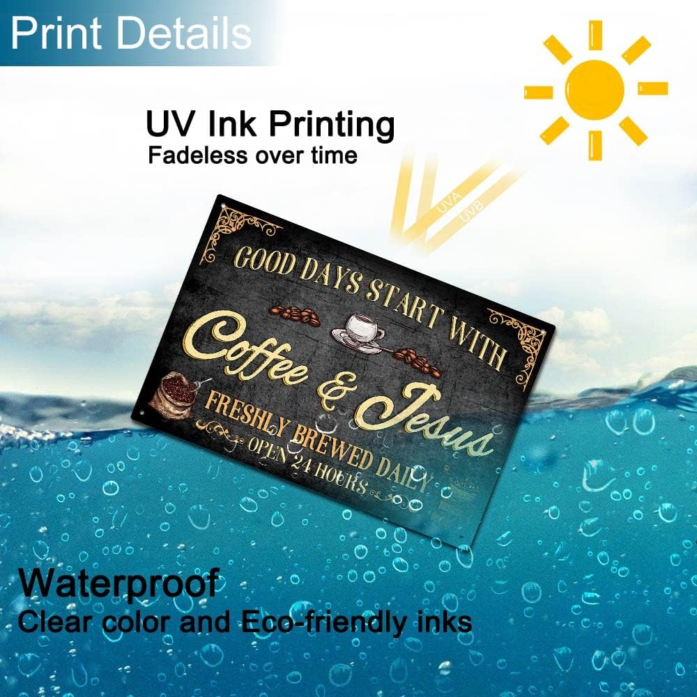 Vintage Metal Plaque Sign - Good Days Start with Coffee Jesus - 8x12 Inch Wall Decor