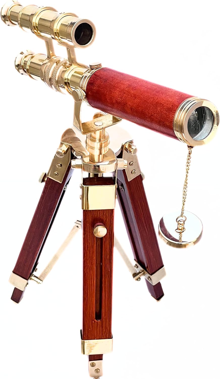 Vintage Double Barrel Brass Telescope with Wooden Tripod