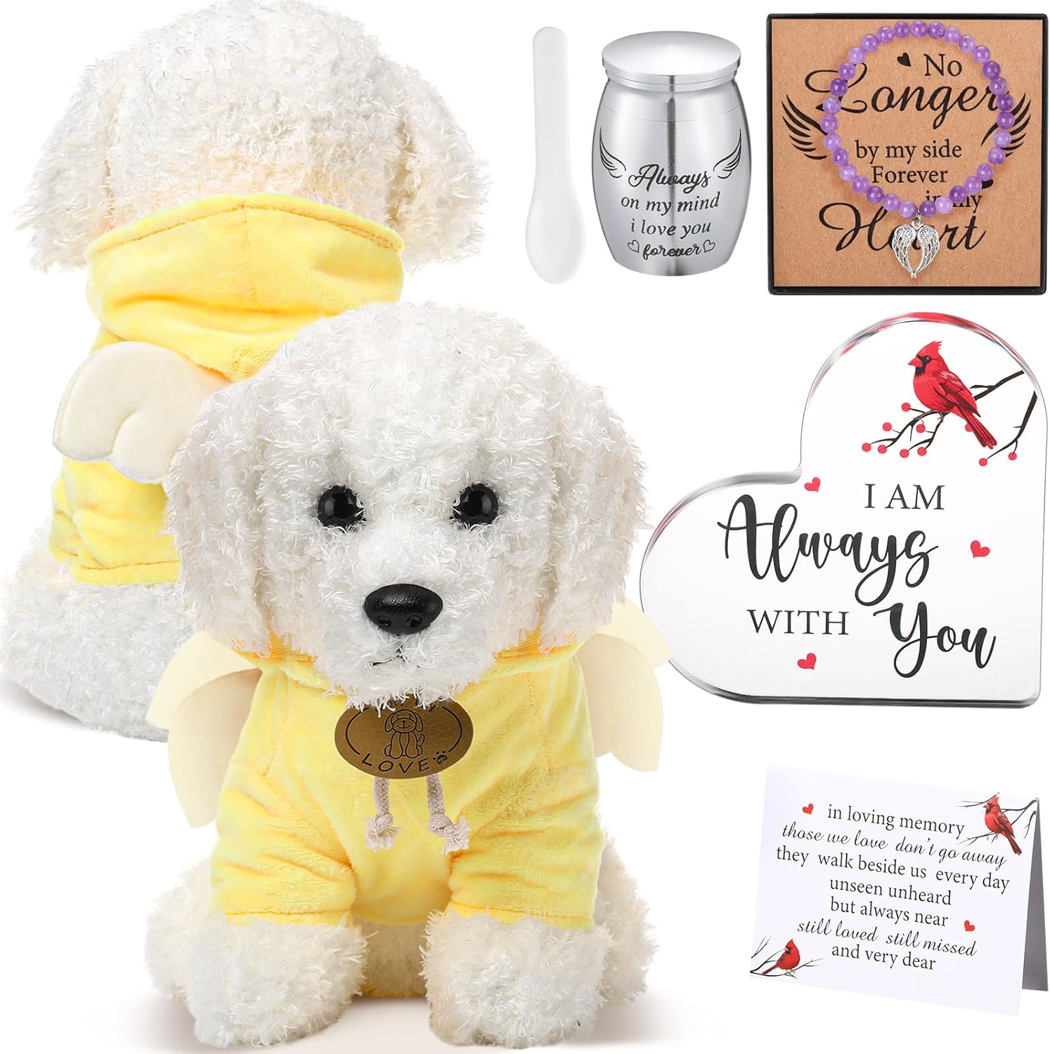 Kenning 5 Pcs Funeral Gift Set Cremation Stuffed Dog with Spoon and Tiny Urn Keepsake