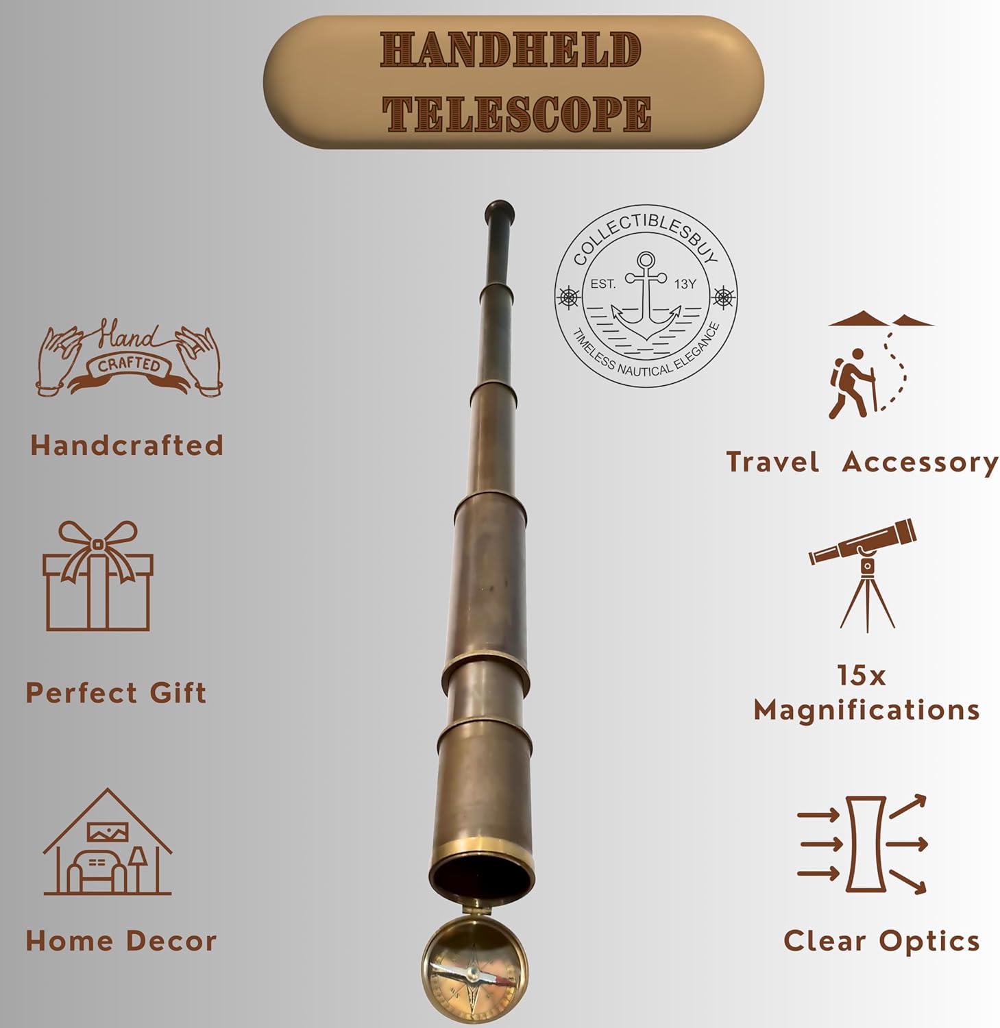 Vintage Royal Navy Telescope Brass Compass Spyglass Lid Cap