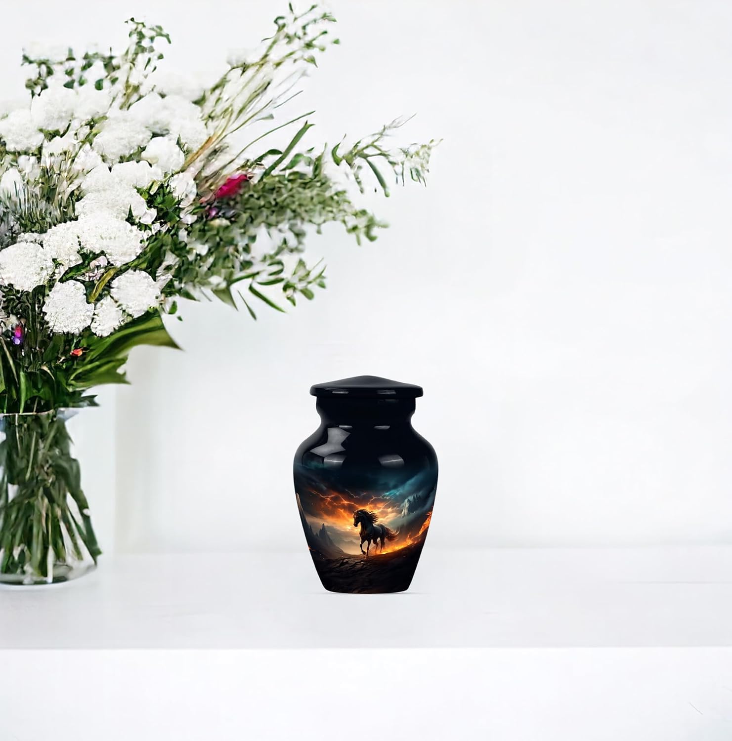 Set of 2 Black Horse and Stormy Sky Urns for Ashes