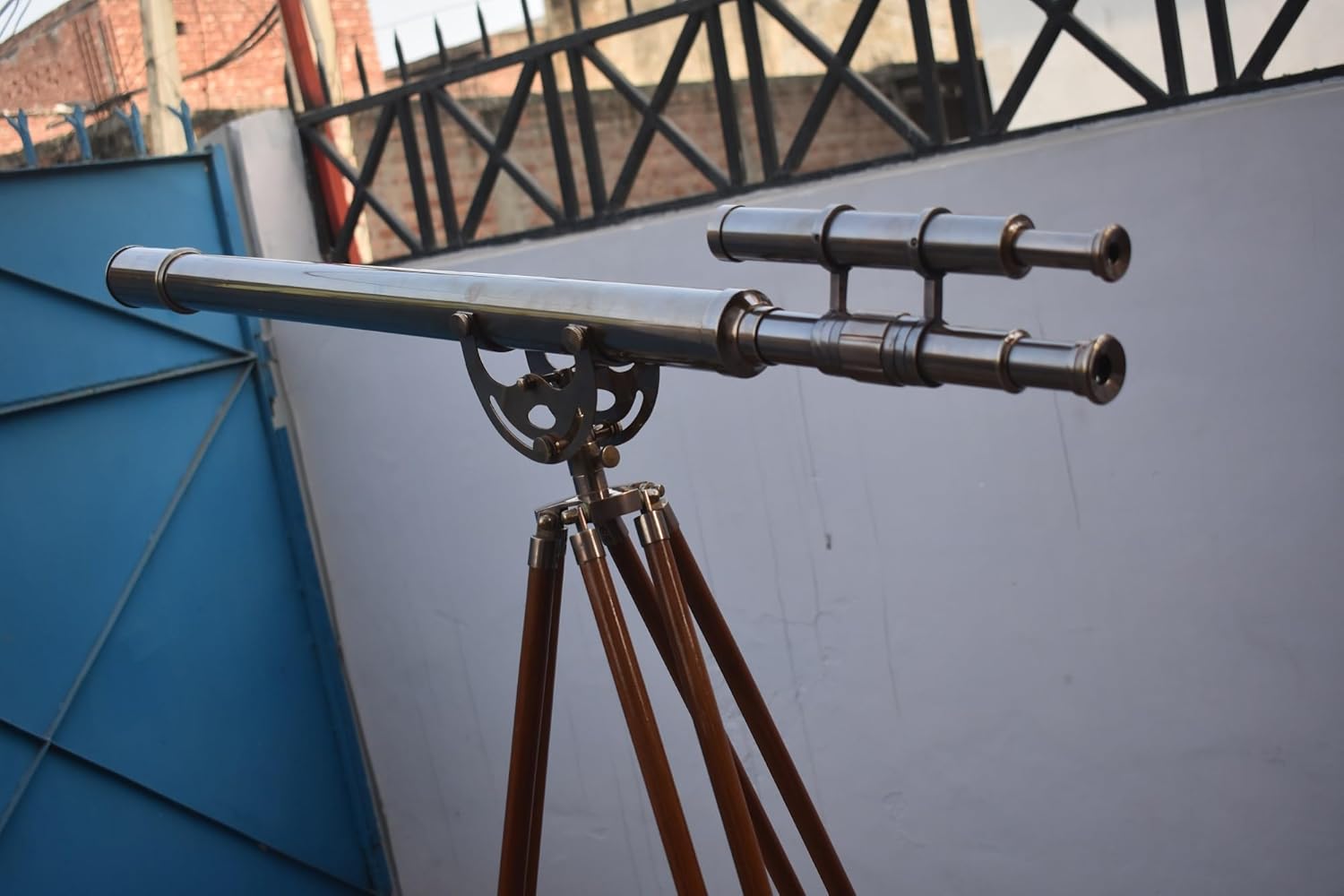 Vintage Double Barrel Telescope with Wooden Tripod 1