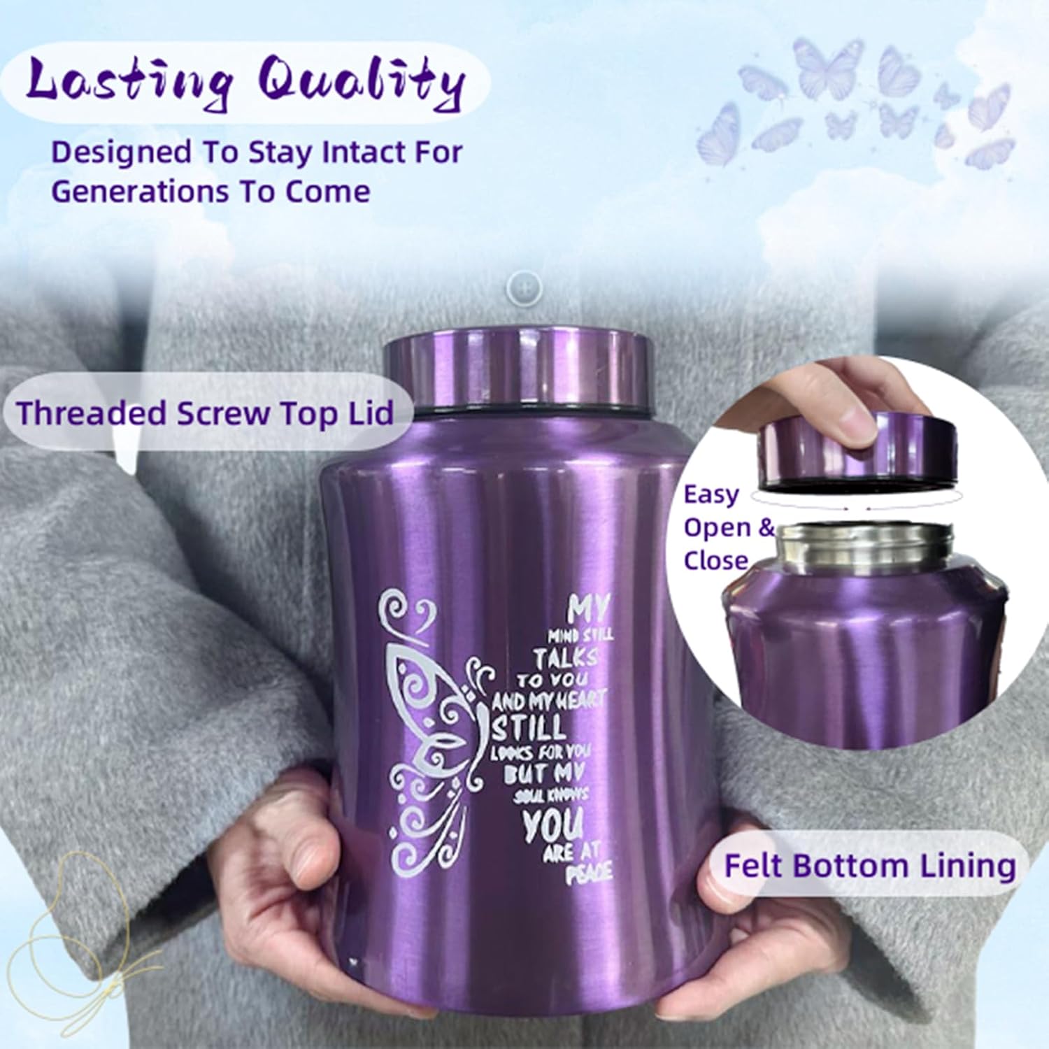 ANTESCORT Decorative Urn for Human Ashes Stainless Steel Large Butterfly Design