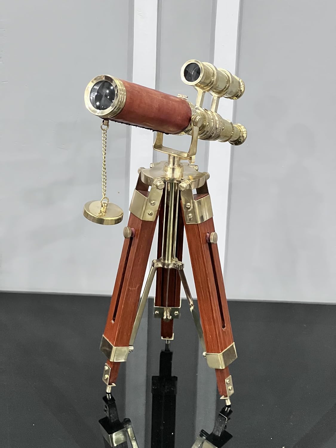 Vintage Double Barrel Brass Telescope with Wooden Tripod