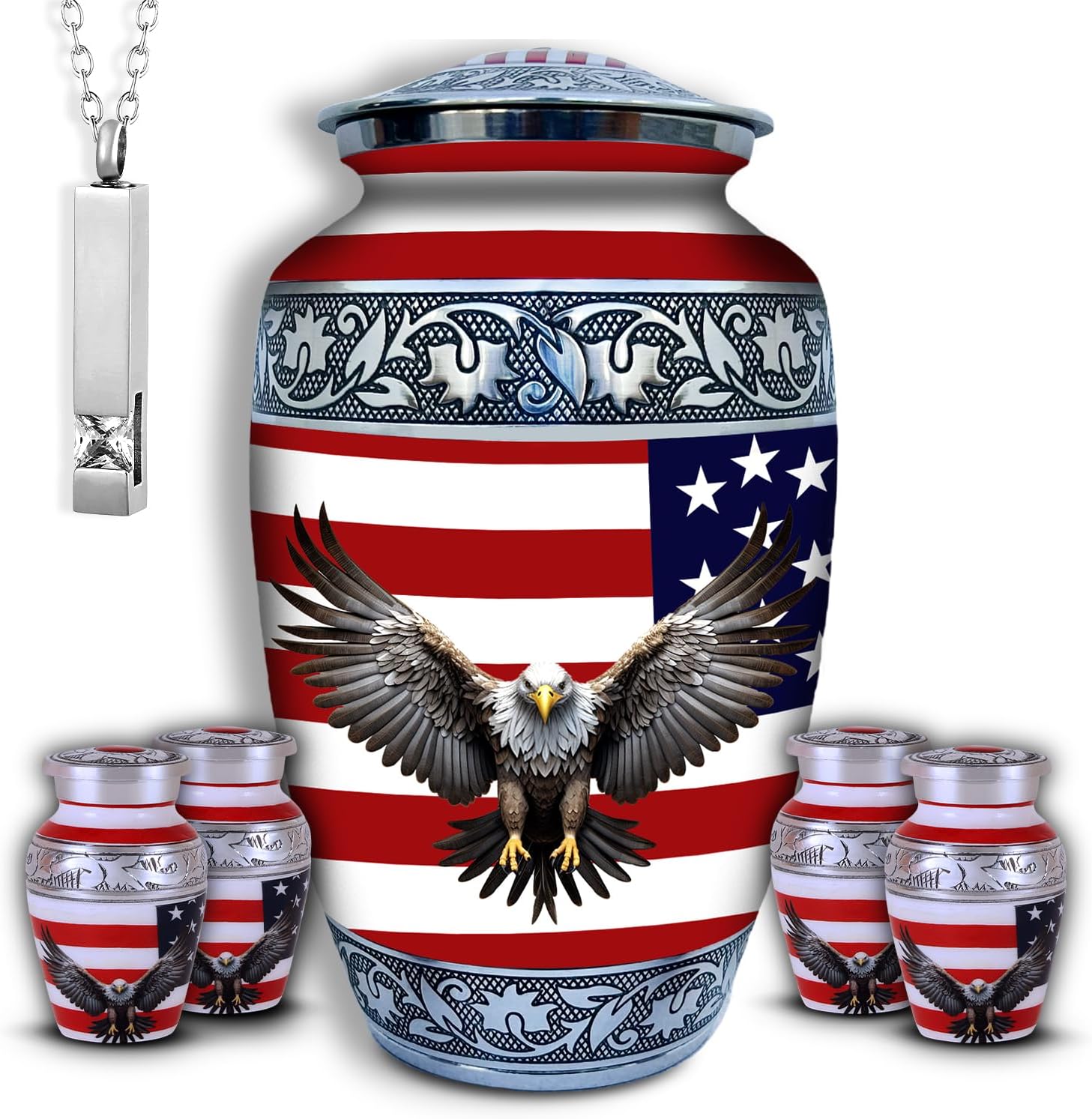 Set of 6 Decorative Urns for Ashes with American Flag and Eagle Decor