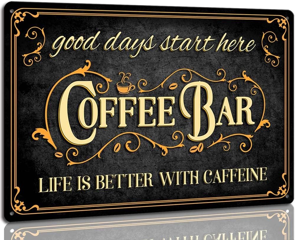 AUCIO Coffee Bar Sign Life is Better with Caffeine Vintage Metal Decor 8 x 12 Inch