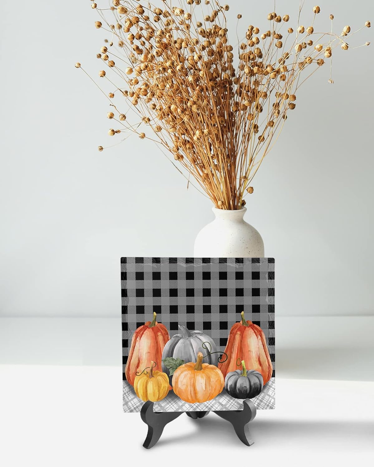 Wooden Stand Desk Decor with Ceramic Plaque Farmhouse Style Autumn Pumpkin Sign